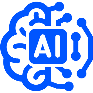 A blue icon depicts a brain made of computer circuitry with the letters "AI" in the center.