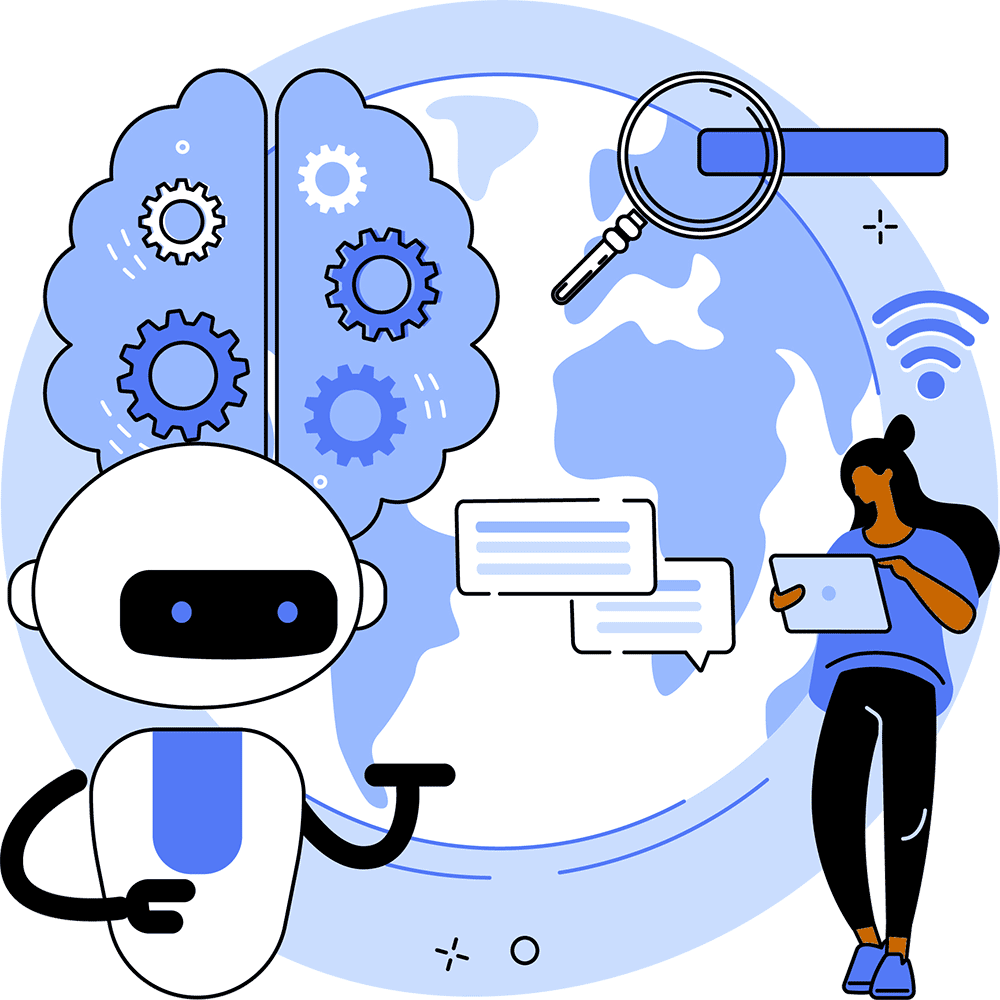 An illustration depicts a robot and a brain with cogs and a globe.